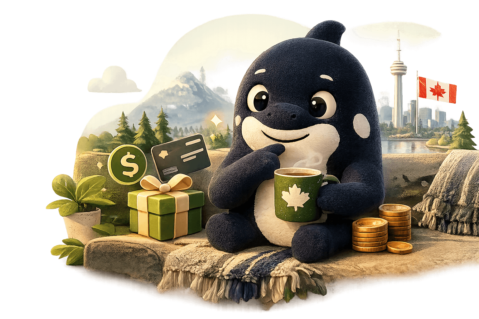 Canooq mascot with Canadian welcome bonus gifts, coins, and city scenery